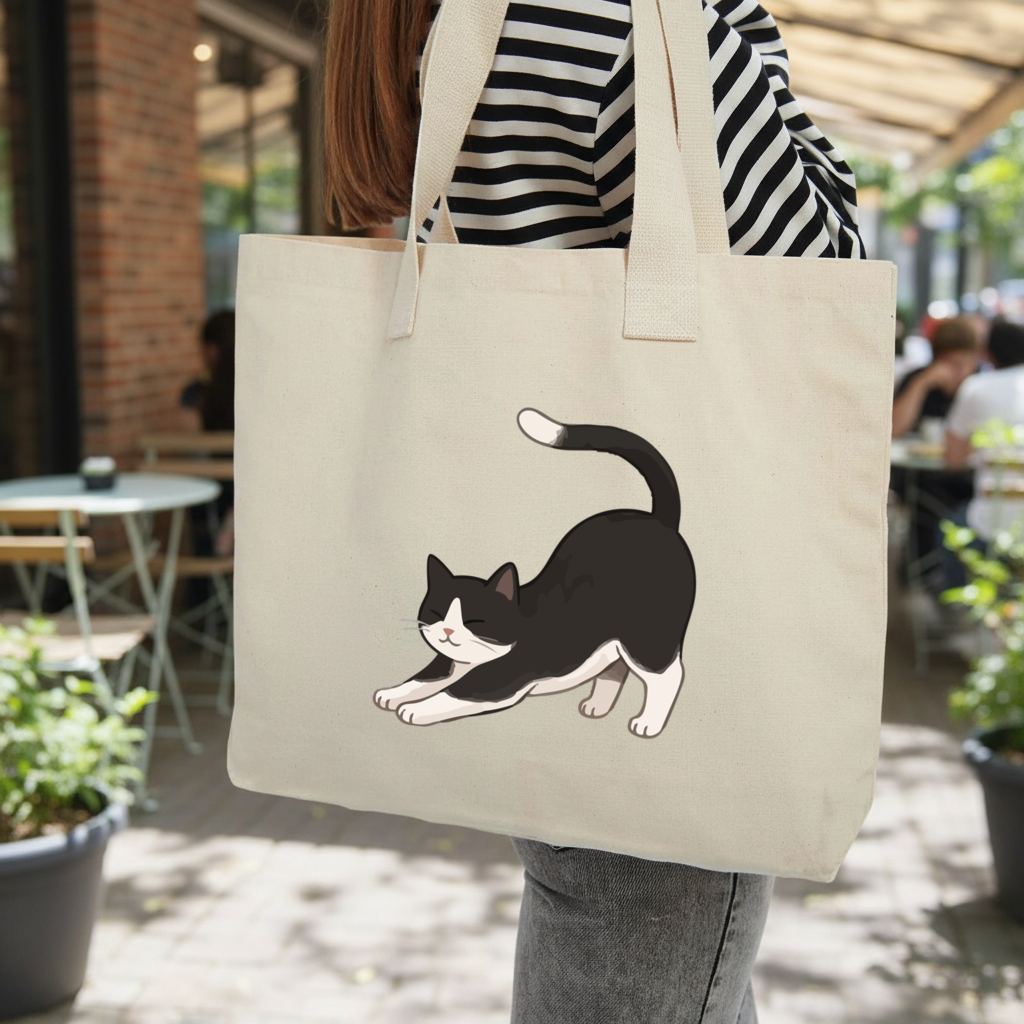 Stretching Tuxedo Cat Inner Pocket Tote with Webbing Handle