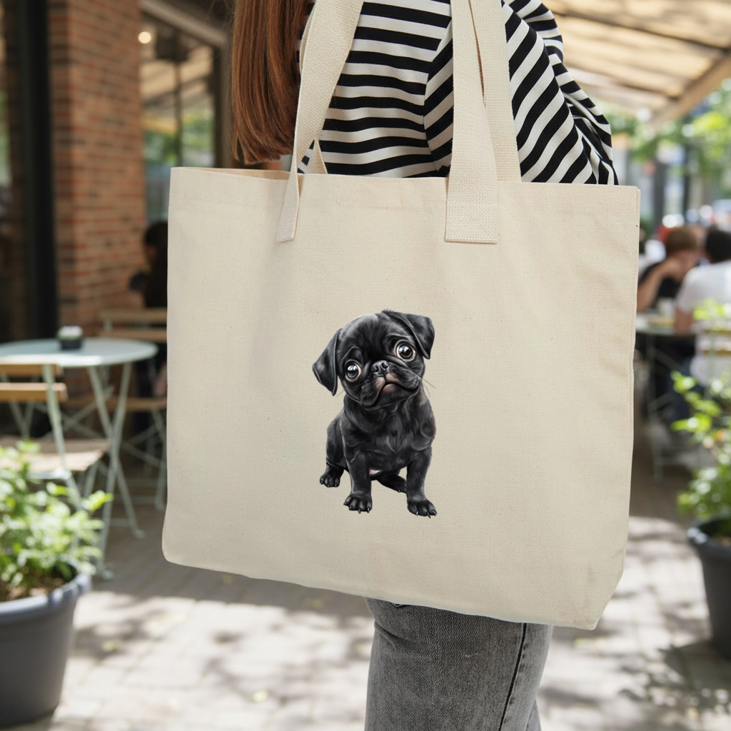 Masum Bakışlı Siyah Pug Yavrusu Kolon Saplı İç Cepli Çanta