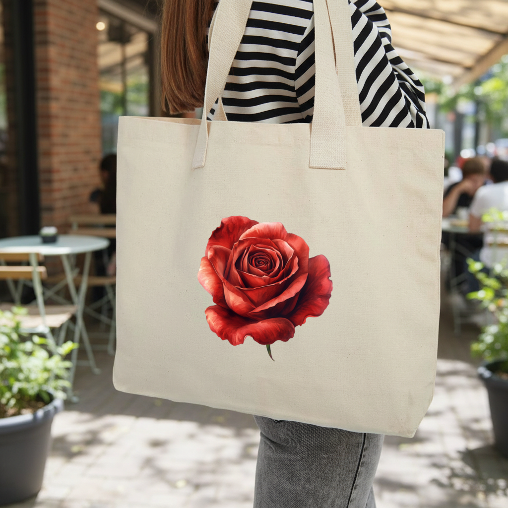 Crimson Red Rose Inner Pocket Tote with Webbing Handle