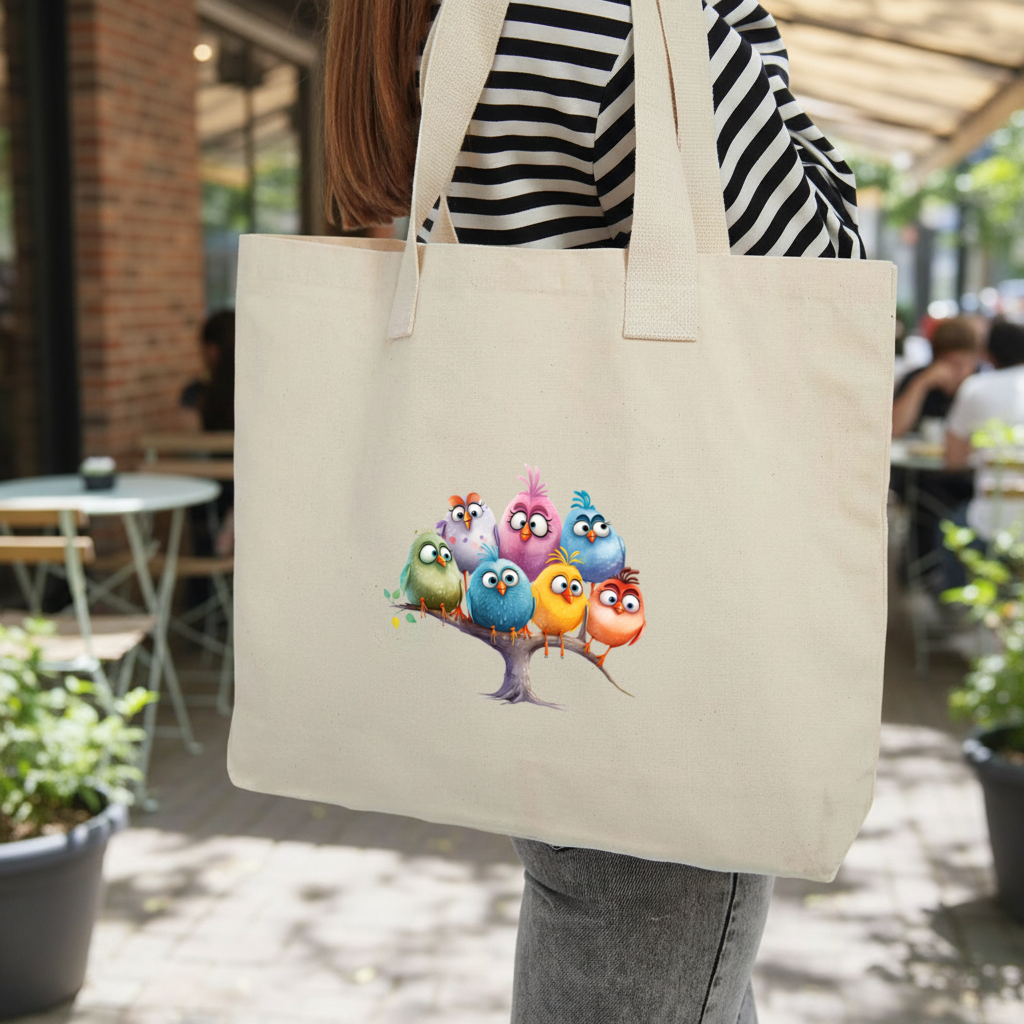 Whimsical Colorful Birds on Branch Inner Pocket Tote with Webbing Handle