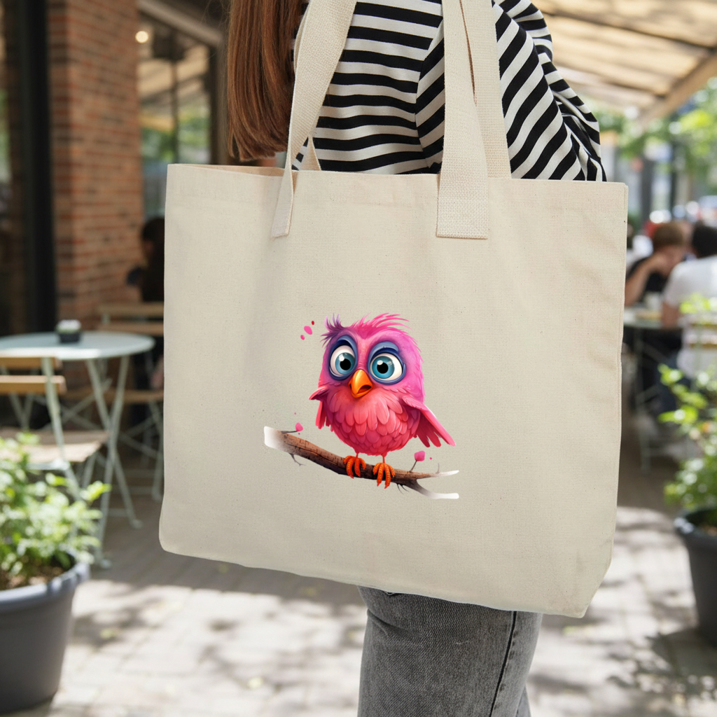 Cute Pink Bird with Large Blue Eyes Inner Pocket Tote with Webbing Handle