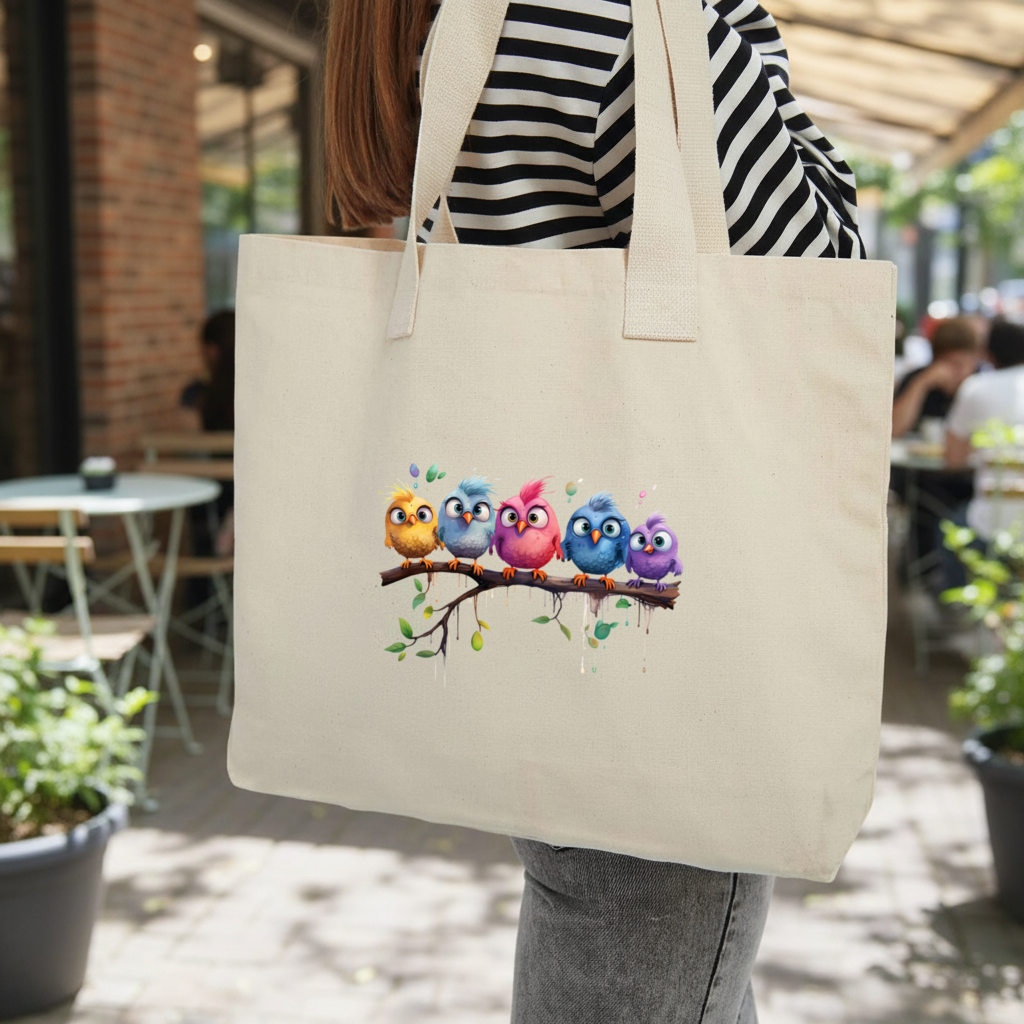 Daldaki Beş Renkli Kawaii Kuş Kolon Saplı İç Cepli Çanta