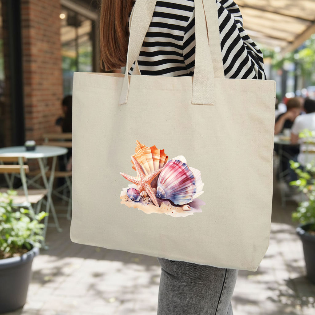 Watercolor Coastal Seashells Inner Pocket Tote with Webbing Handle