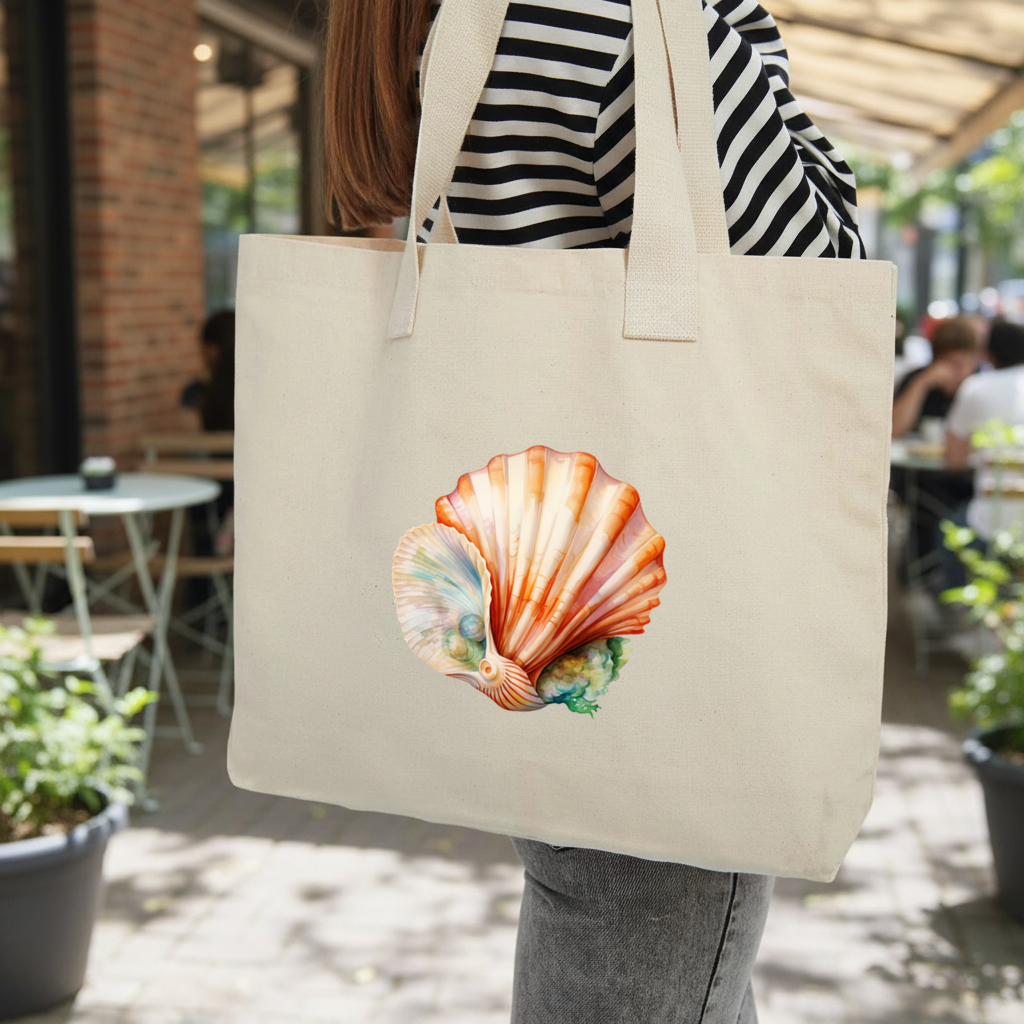 Iridescent Pearls in Orange Scallop Seashell Inner Pocket Tote with Webbing Handle