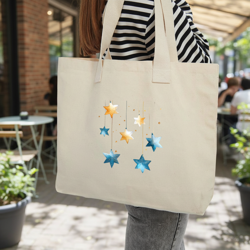 Watercolor Hanging Stars Inner Pocket Tote with Webbing Handle