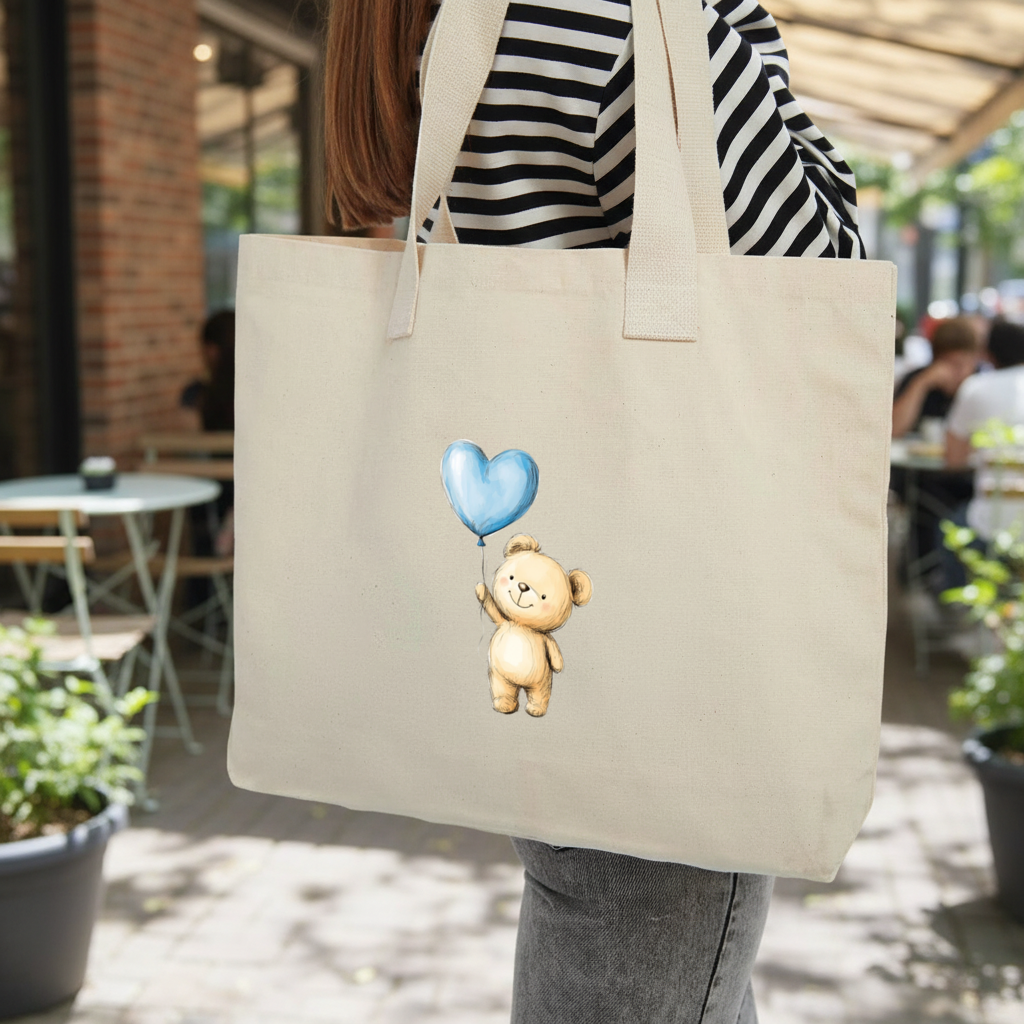 Cute Teddy Bear with Blue Heart Balloon Inner Pocket Tote with Webbing Handle