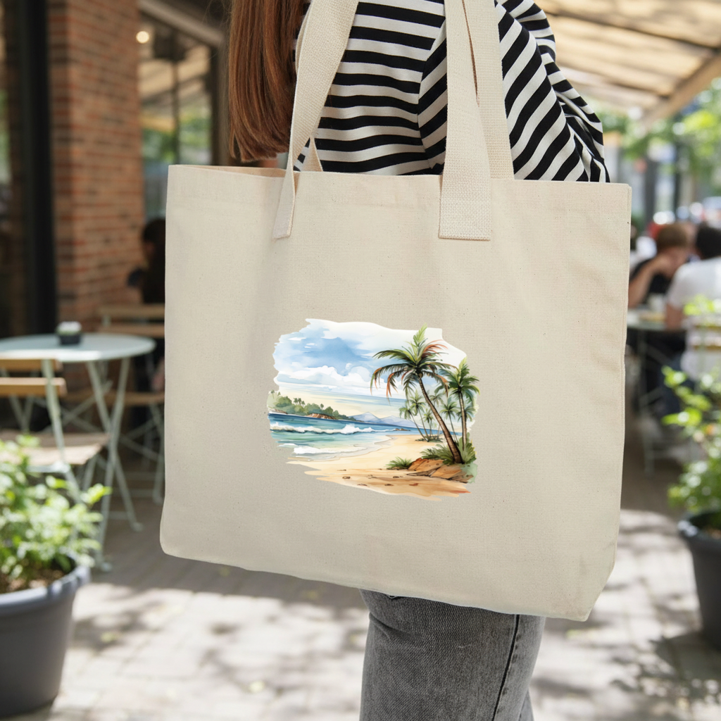 Tropical Palm Tree Beach Inner Pocket Tote with Webbing Handle