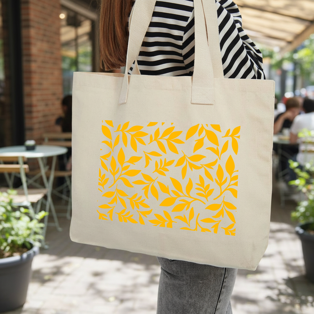 Mustard Yellow Botanical Leaves Inner Pocket Tote with Webbing Handle