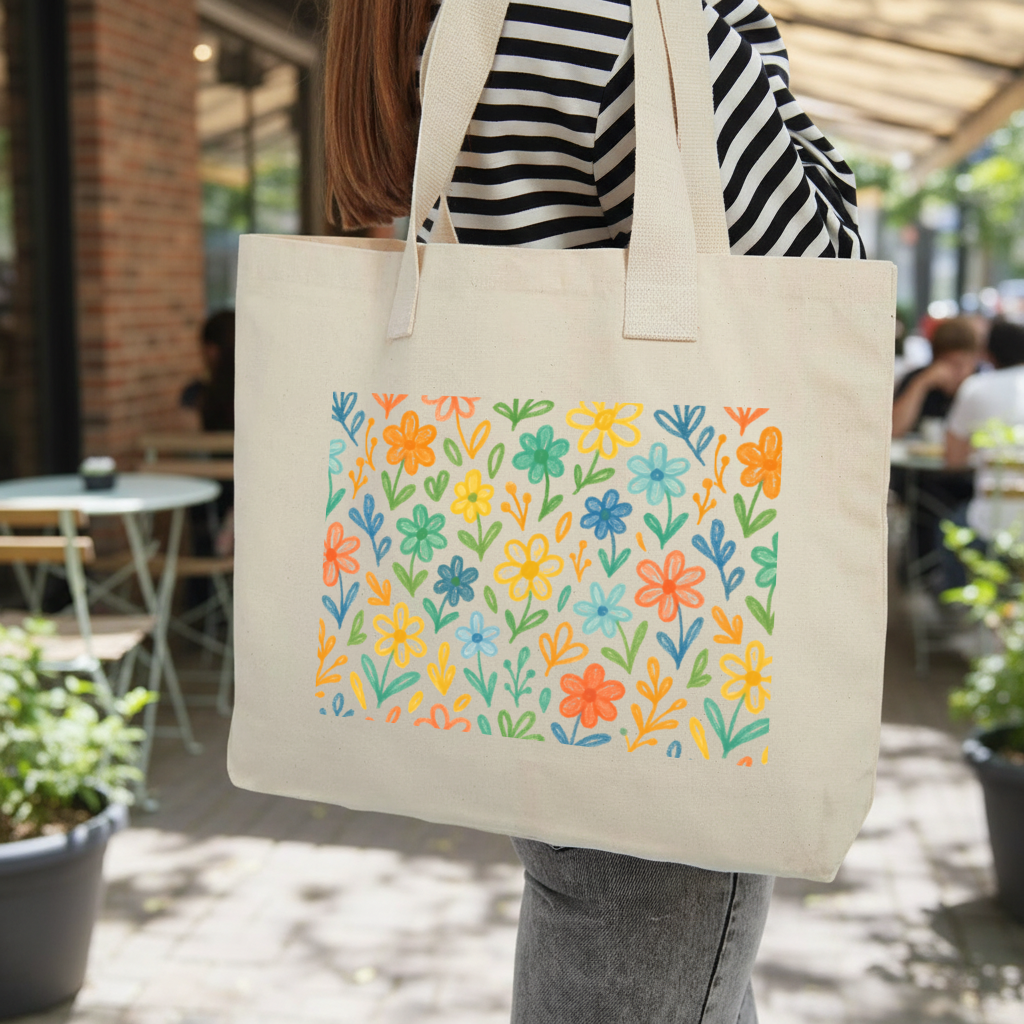Colorful Boho Wildflowers Inner Pocket Tote with Webbing Handle