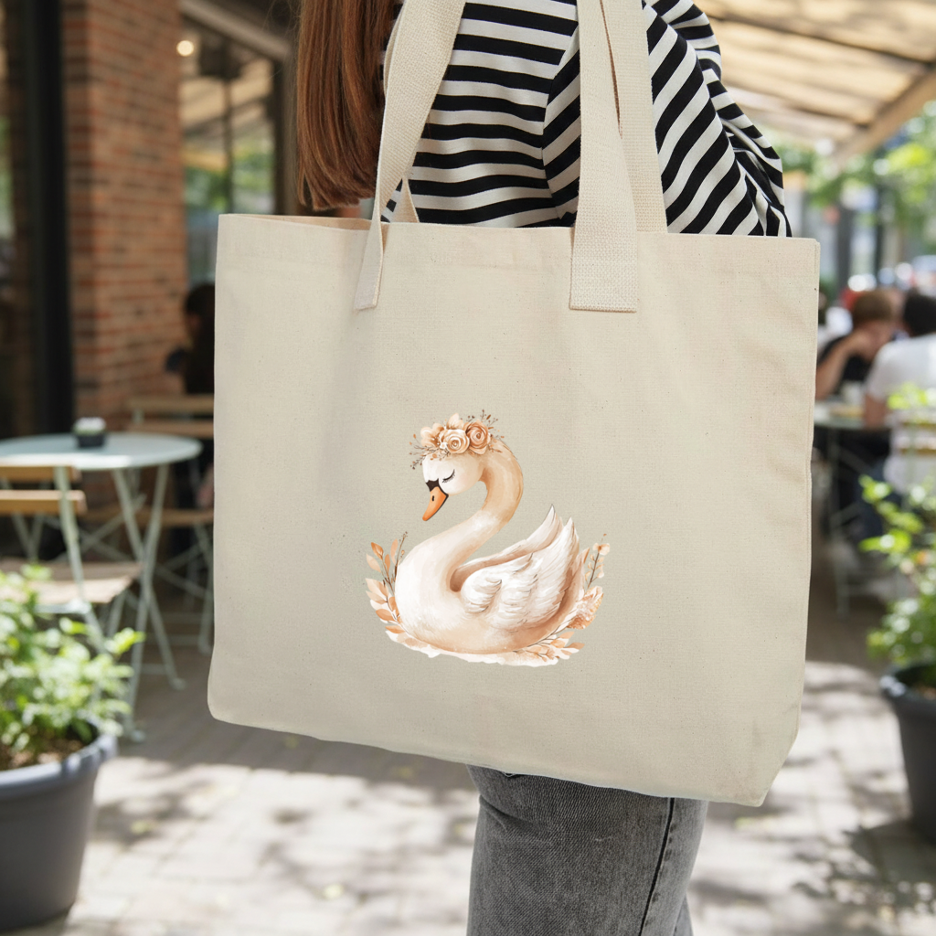 Elegant Floral Crown Boho Swan Inner Pocket Tote with Webbing Handle