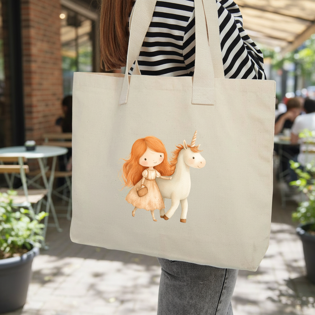 Ginger Girl with Whimsical White Unicorn Inner Pocket Tote with Webbing Handle