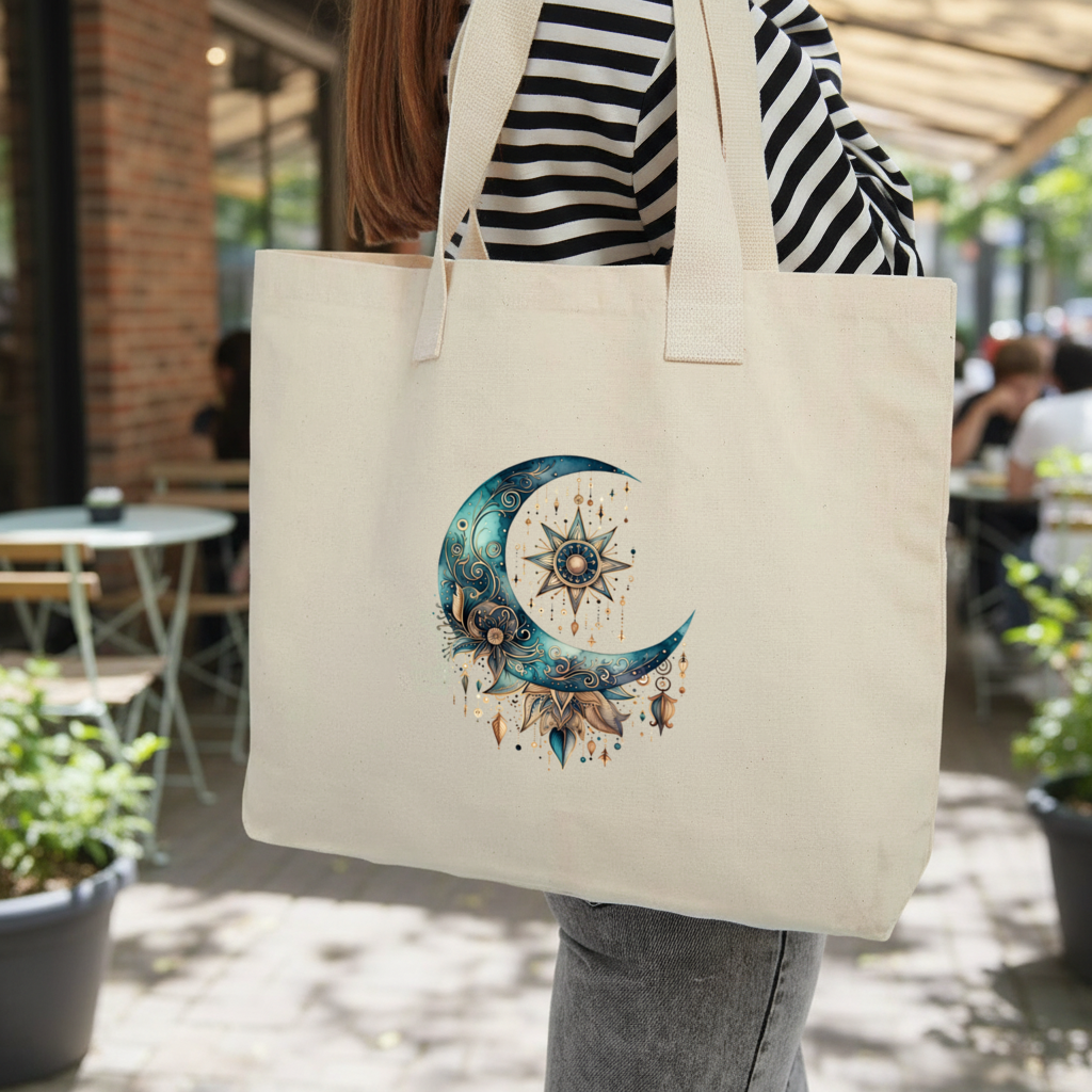 Boho Celestial Sun and Moon Inner Pocket Tote with Webbing Handle