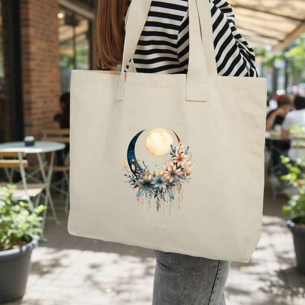 Celestial Boho Moon Floral Inner Pocket Tote with Webbing Handle