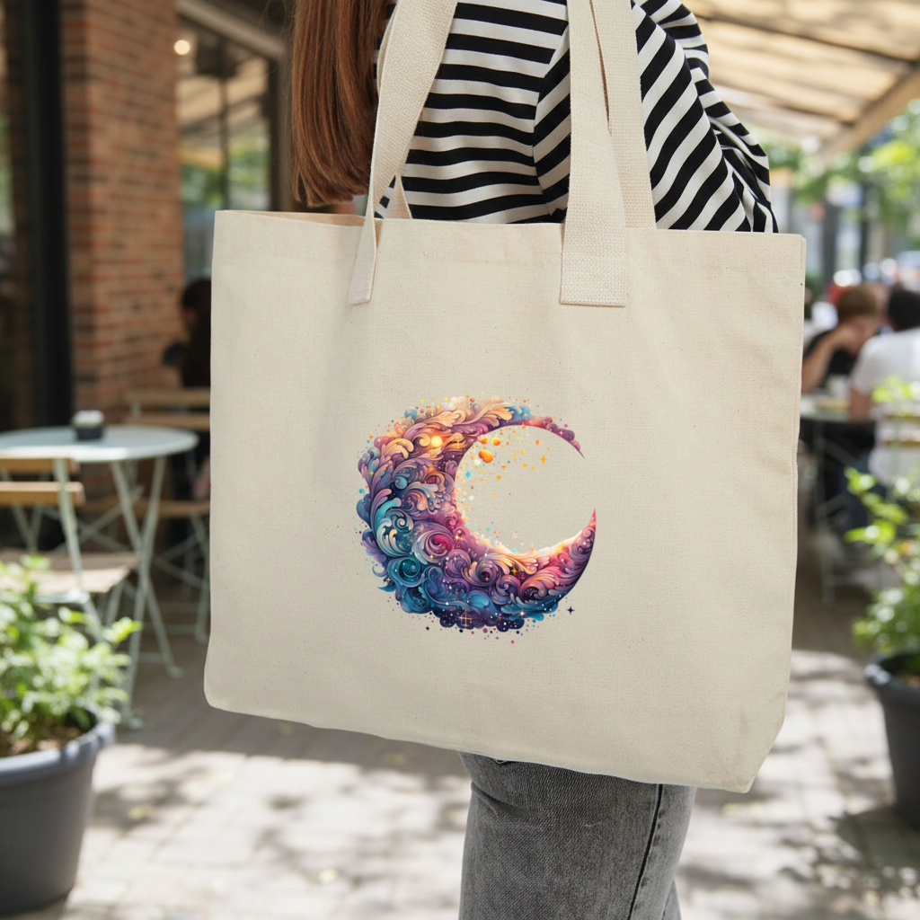 Colorful Swirled Celestial Moon Inner Pocket Tote with Webbing Handle