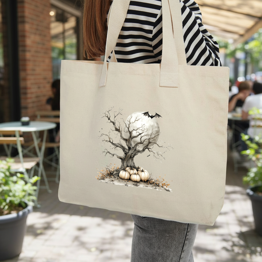 Spooky Tree with White Pumpkins Moon Inner Pocket Tote with Webbing Handle