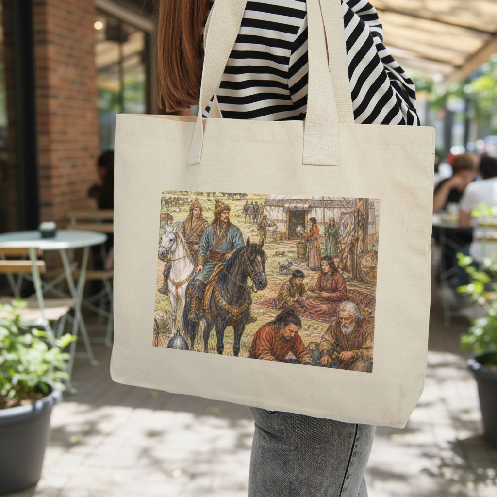 Blacksmiths of the Steppe Ancient Nomadic Camp Art Inner Pocket Tote with Webbing Handle