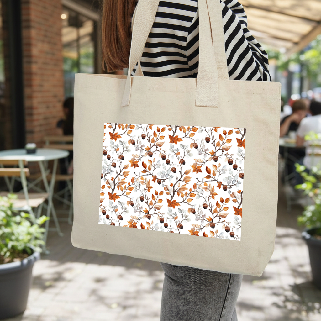 Watercolor Fall Acorns and Leaves Inner Pocket Tote with Webbing Handle