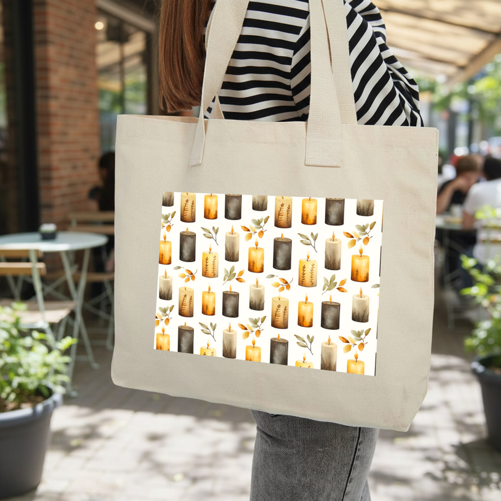 Warm Neutral Autumn Candles and Leaves Inner Pocket Tote with Webbing Handle