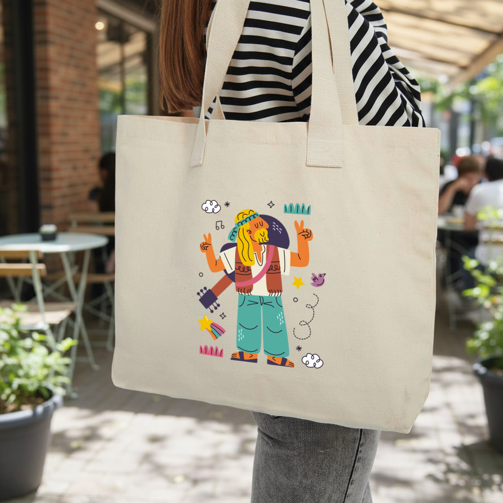 Retro Hippie Character Inner Pocket Tote with Webbing Handle