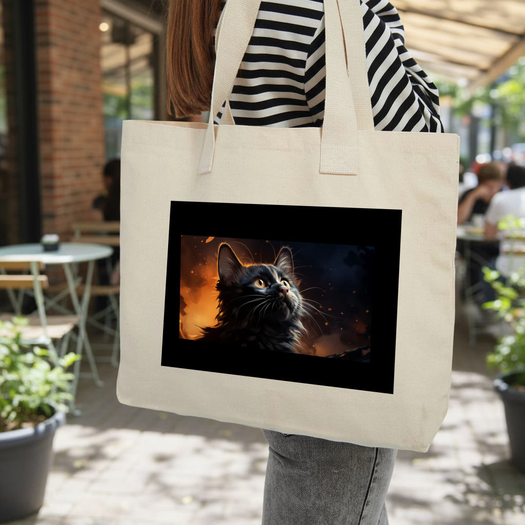 Black Cat Digital Art Inner Pocket Tote with Webbing Handle