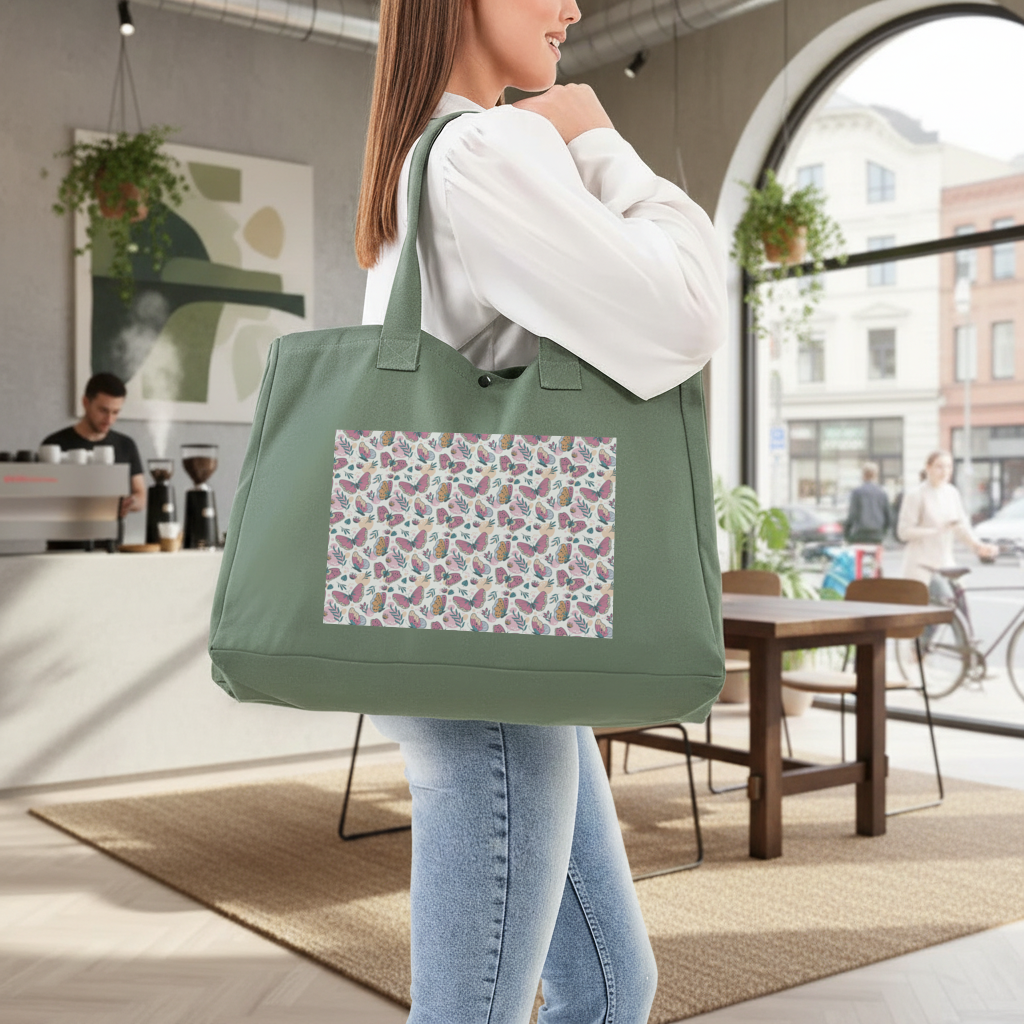 Pastel Butterflies and Botanical Leaves Seamless Pattern Green Bag with 3 Velcro Fasteners