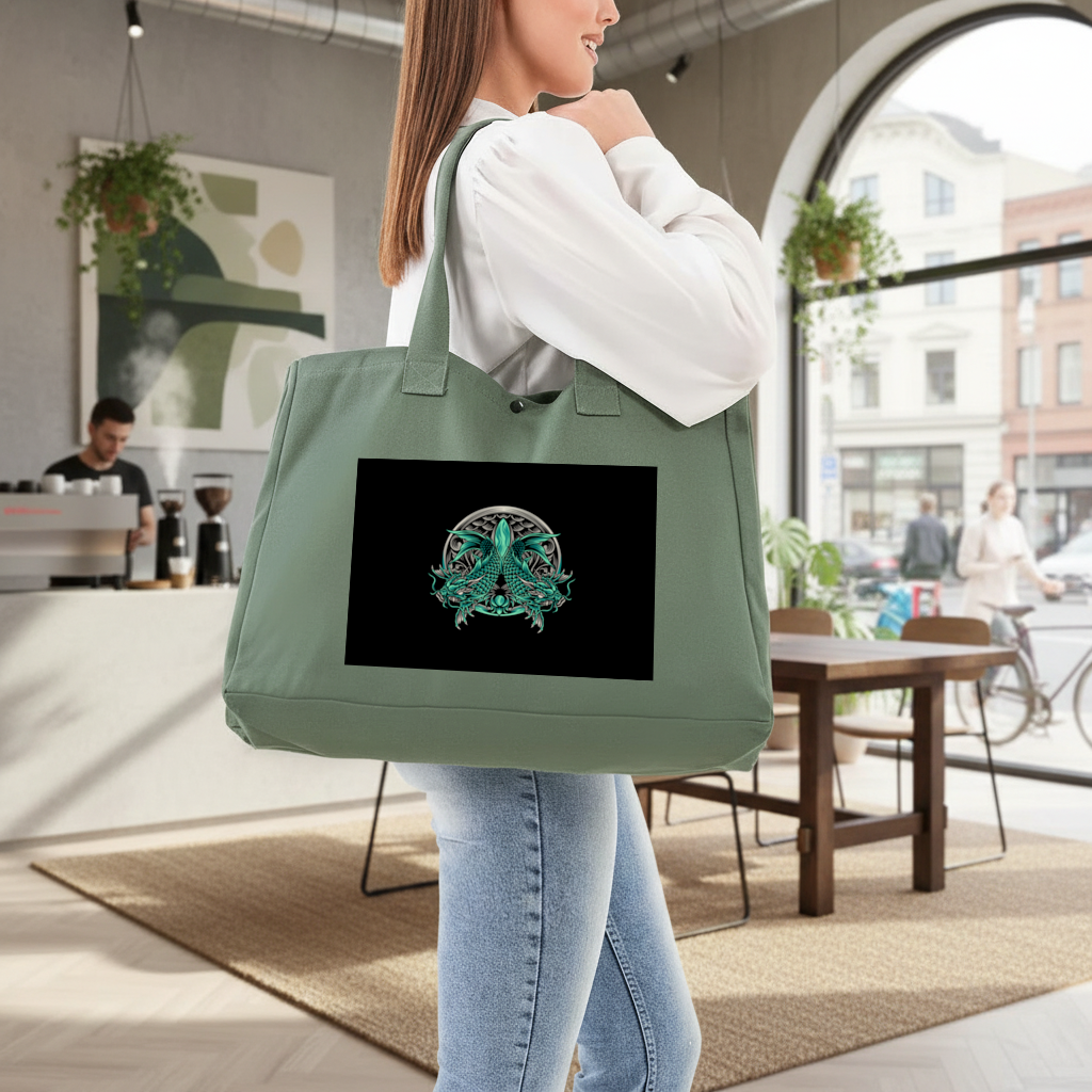 Turquoise Twin Dragon Emblem Design Green Bag with 3 Velcro Fasteners