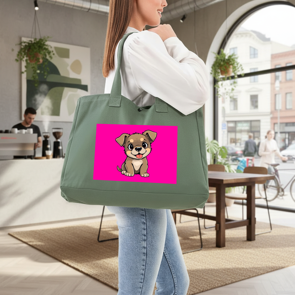 Cute Dog Illustration on Pink Background Green Bag with 3 Velcro Fasteners