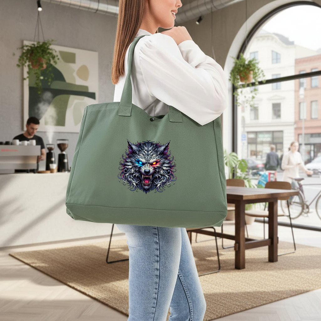 Fierce Wolf Head Illustration Heterochromia Eyes, Savage Wolf Green Bag with 3 Velcro Fasteners
