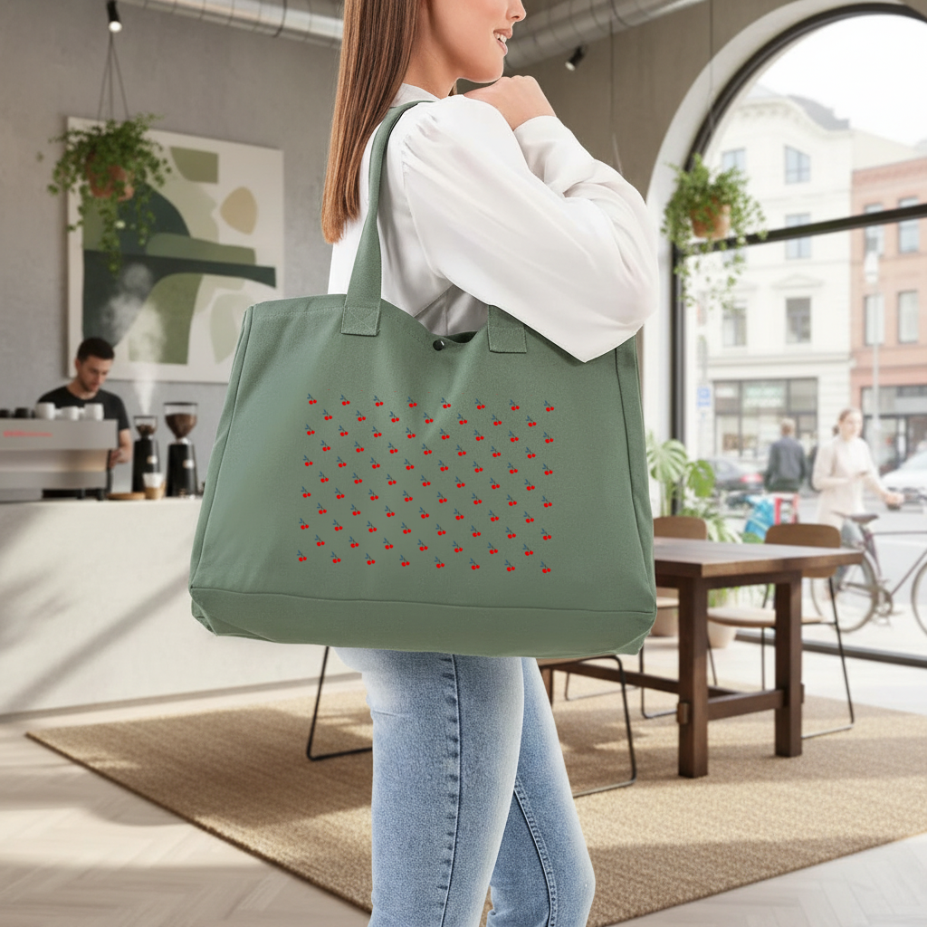 Minimal Cherry Repeat Pattern Background Green Bag with 3 Velcro Fasteners