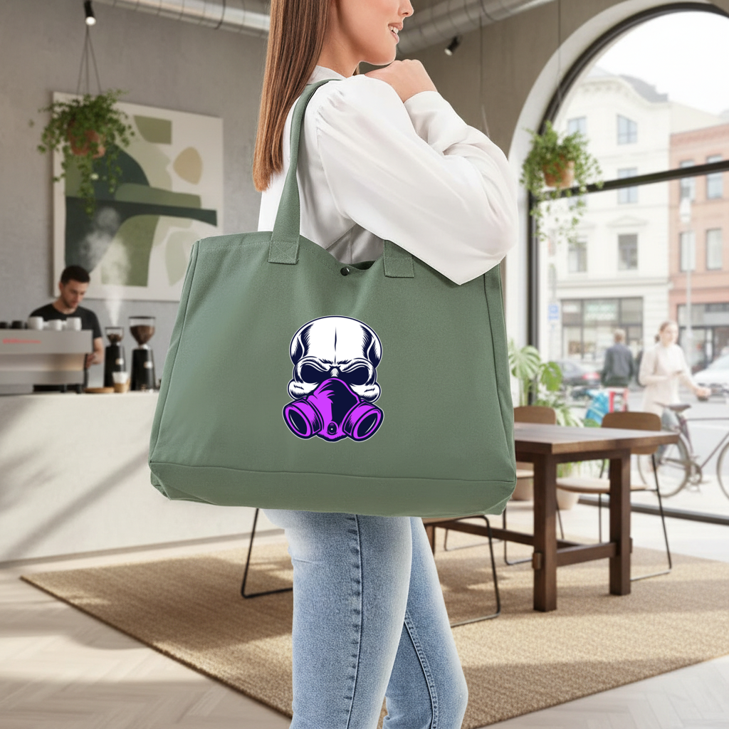 Skull with Gas Mask Illustration Modern and Edgy Design Green Bag with 3 Velcro Fasteners