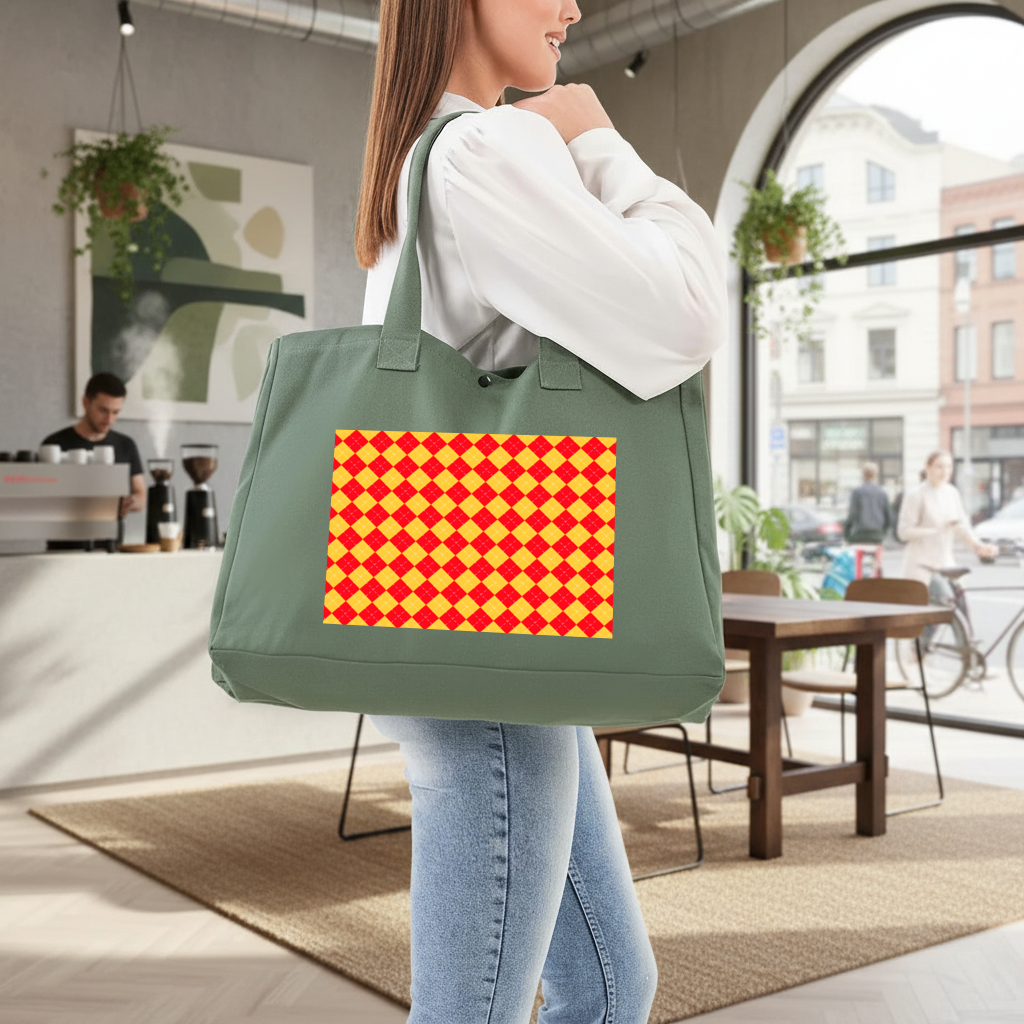 Red and Yellow Argyle Geometric Pattern Background Green Bag with 3 Velcro Fasteners