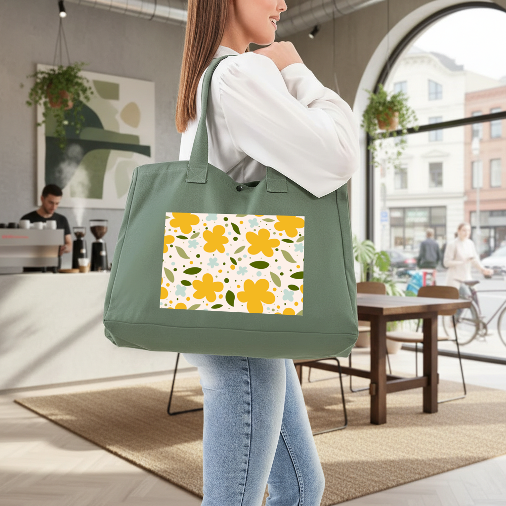 Yellow Floral and Leaf Boho Seamless Pattern Green Bag with 3 Velcro Fasteners