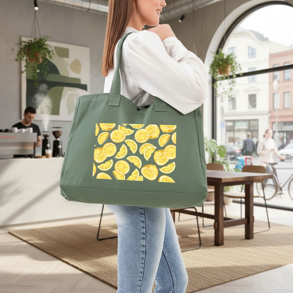 Fresh Lemon Slices Vibrant Summer Pattern Green Bag with 3 Velcro Fasteners