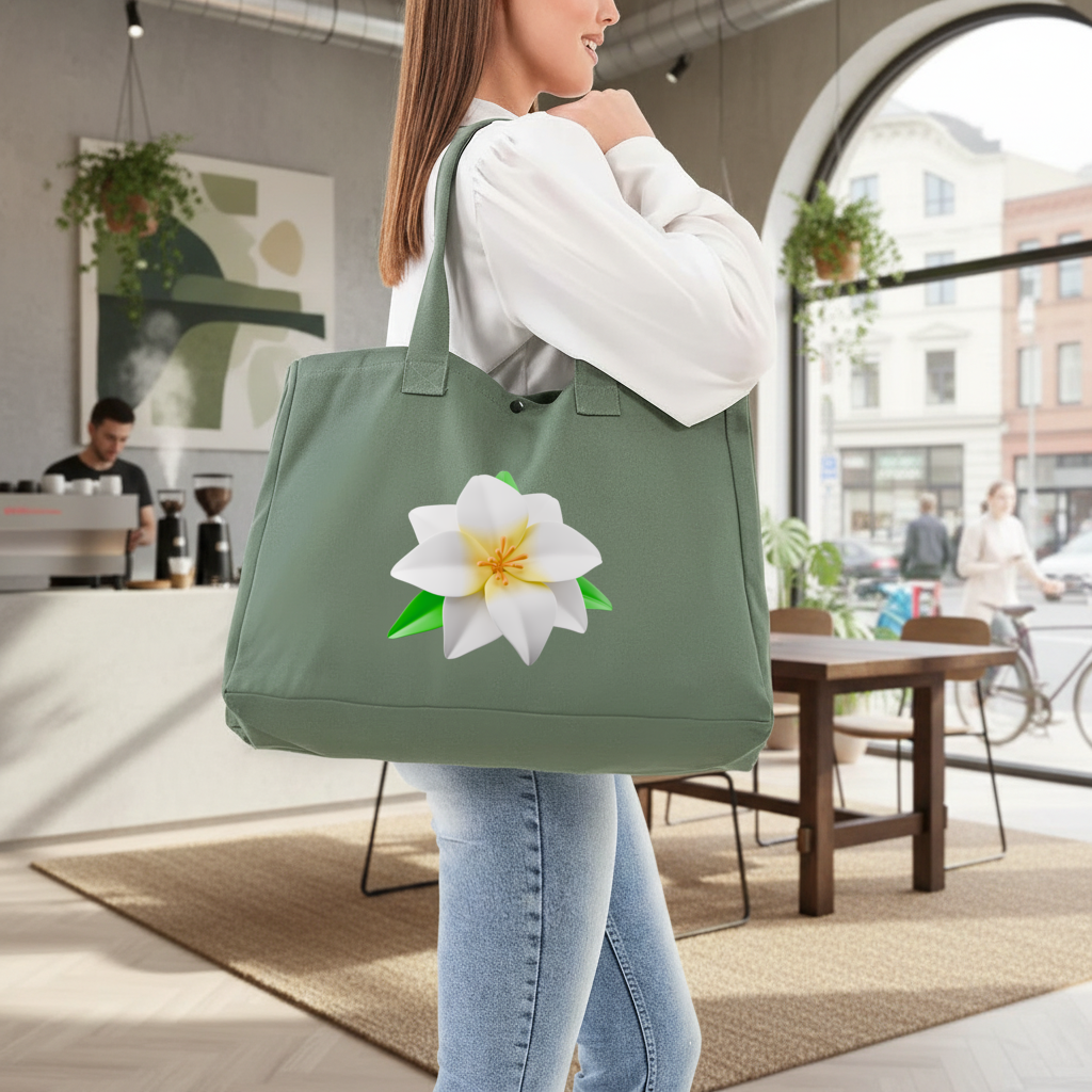 3D White Lily Flower Illustration Green Bag with 3 Velcro Fasteners