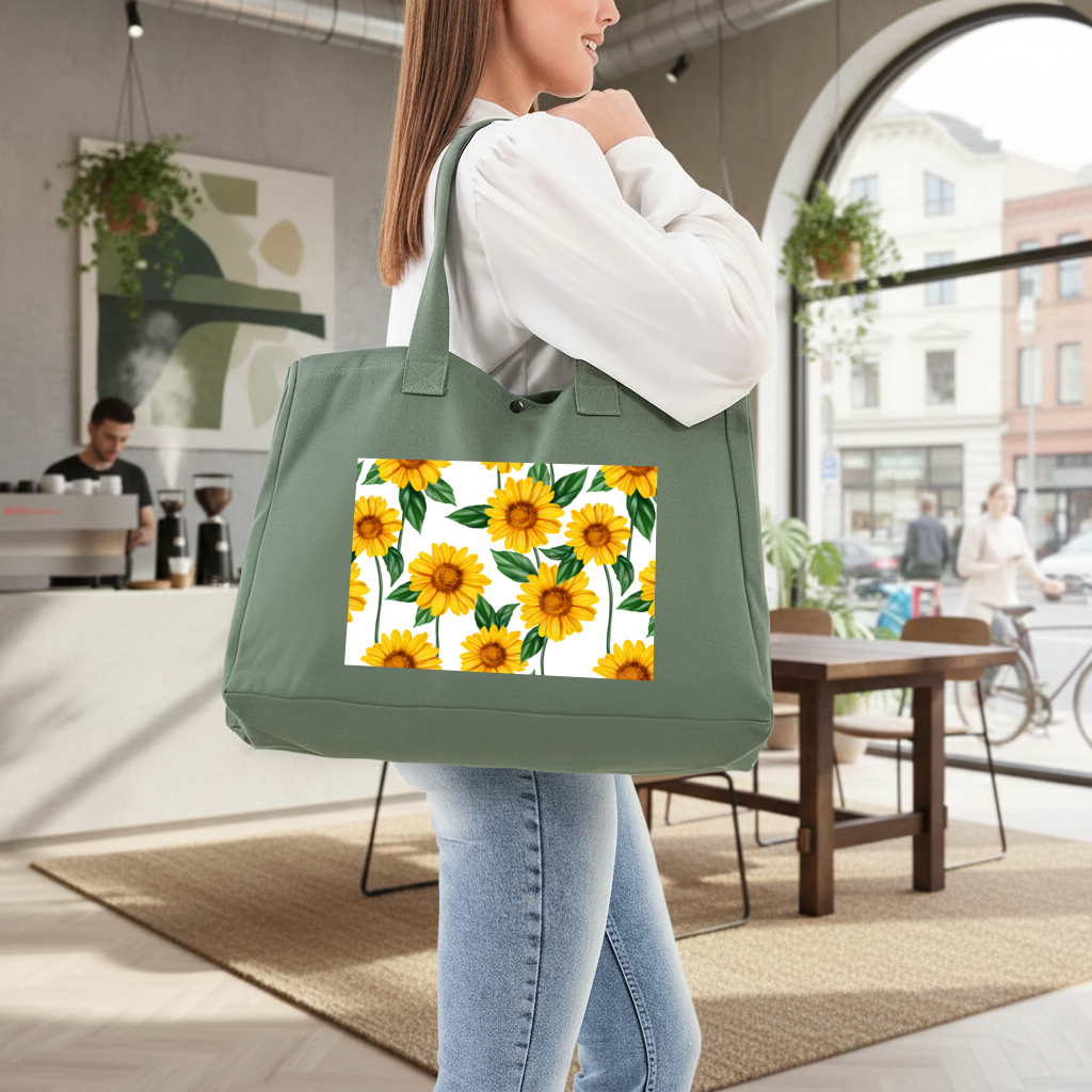 Vibrant Yellow Sunflower and Green Leaf Pattern Illustration Green Bag with 3 Velcro Fasteners