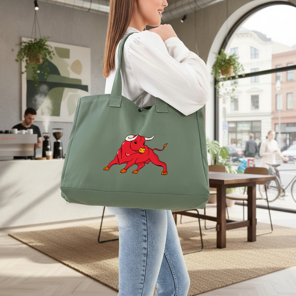 Spanish Red Bull Illustration Inspired by Matador Theme Green Bag with 3 Velcro Fasteners
