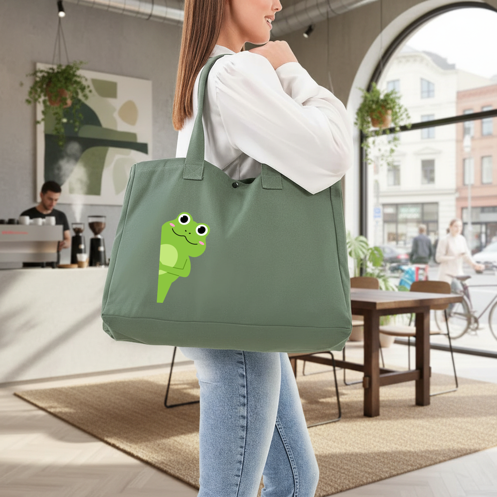 Cute Green Frog Peek-a-Boo Illustration Green Bag with 3 Velcro Fasteners