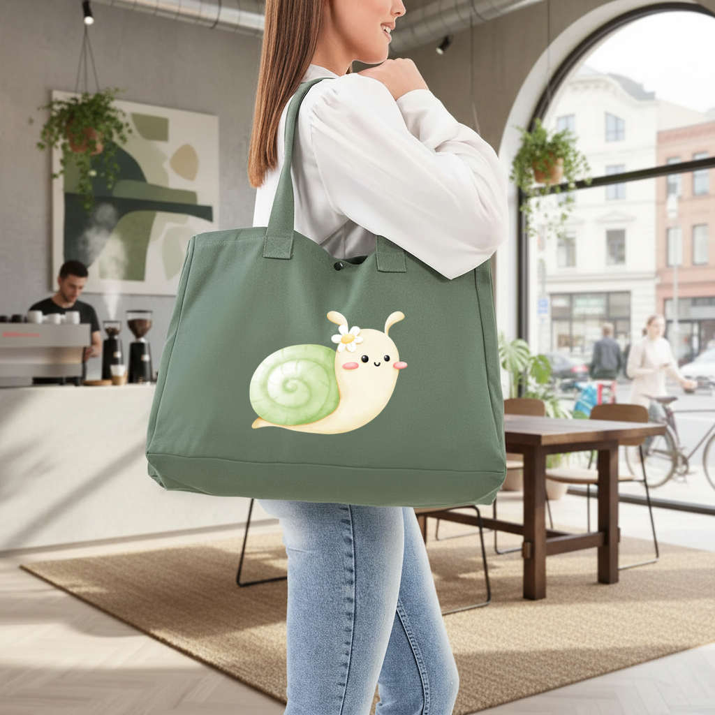 Cute Snail Illustration Green Bag with 3 Velcro Fasteners