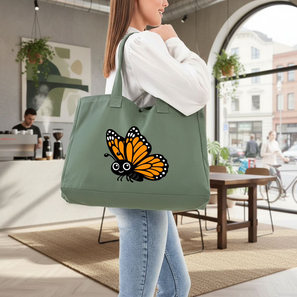 Smiling Orange Monarch Butterfly Character Green Bag with 3 Velcro Fasteners