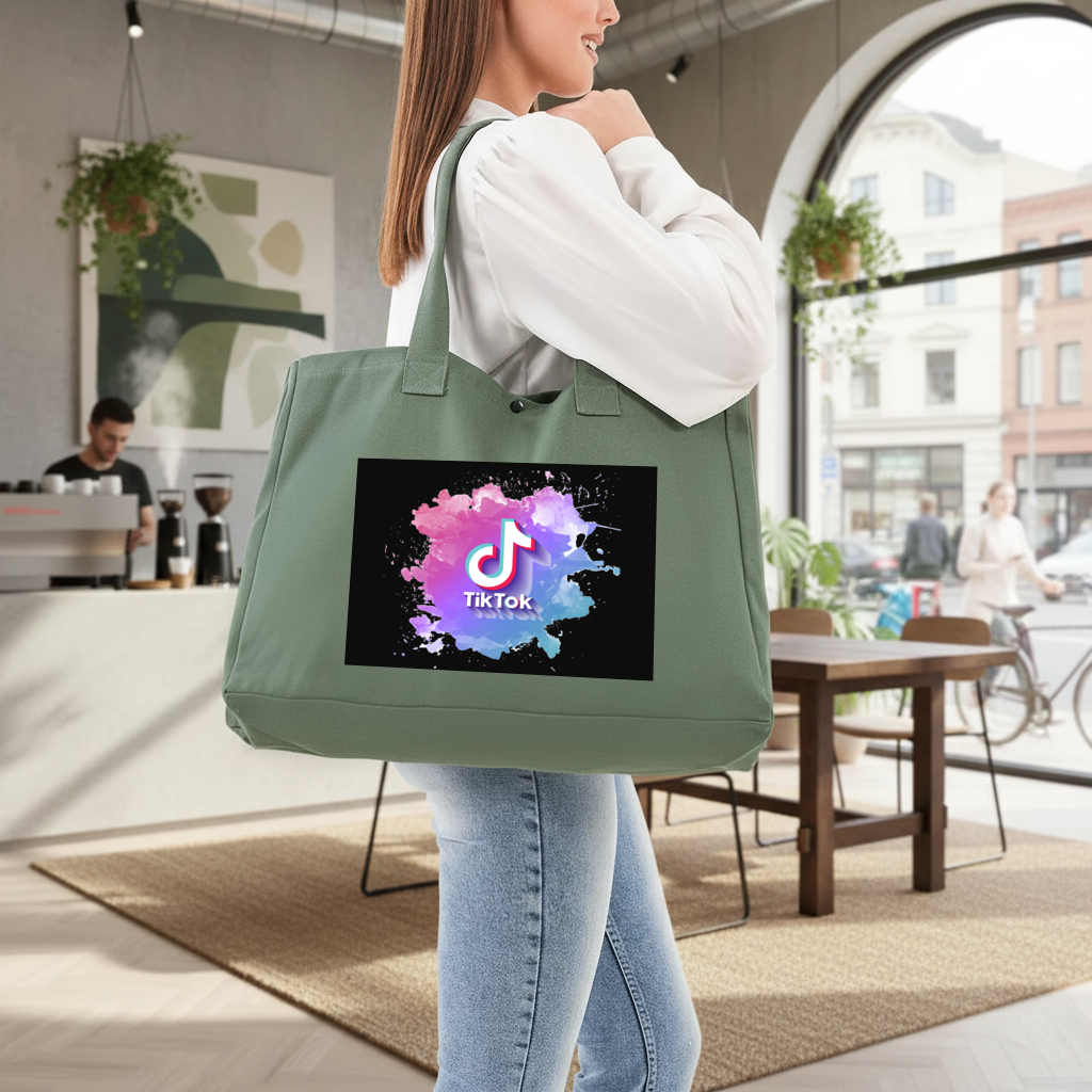 TikTok Logo with Watercolor Effect Green Bag with 3 Velcro Fasteners