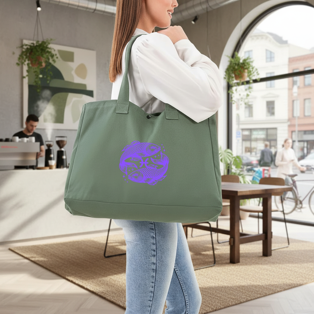 Pisces Zodiac Symbol with Purple Fish Art Green Bag with 3 Velcro Fasteners