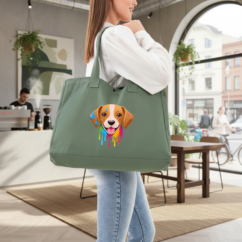 Happy Dog with Colorful Paint Drips Green Bag with 3 Velcro Fasteners