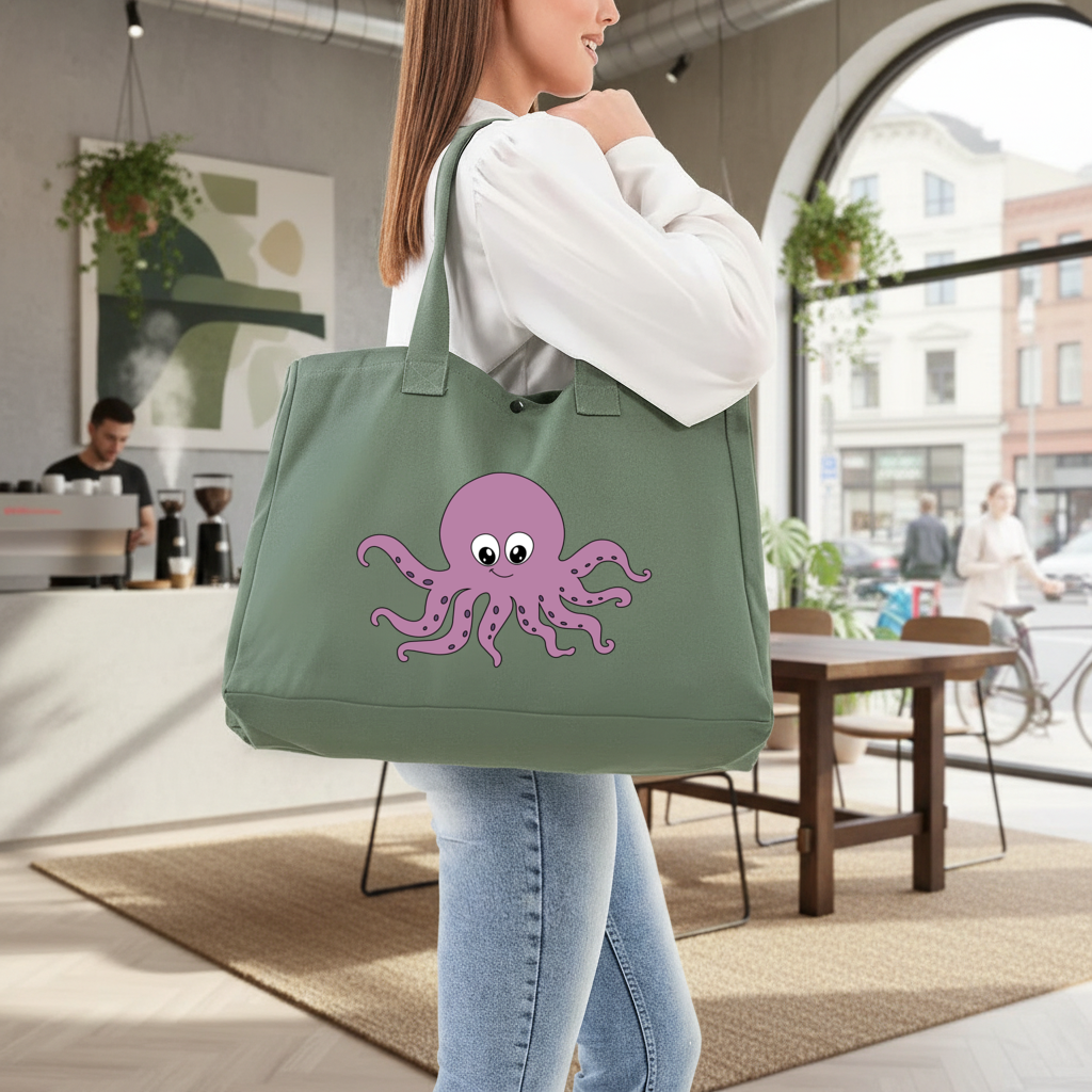 Cute Purple Octopus Green Bag with 3 Velcro Fasteners