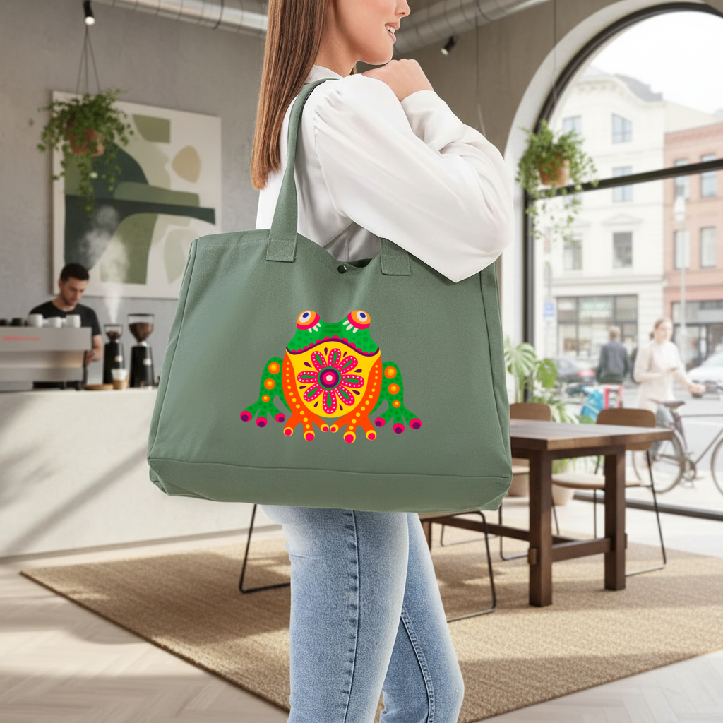 Mexican Alebrije Frog Green Bag with 3 Velcro Fasteners