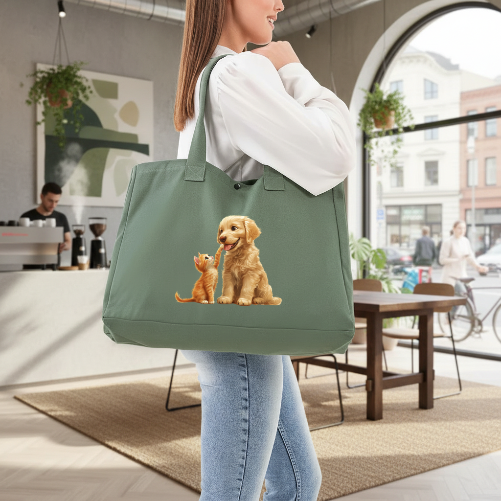 Golden Retriever and Ginger Kitten Green Bag with 3 Velcro Fasteners