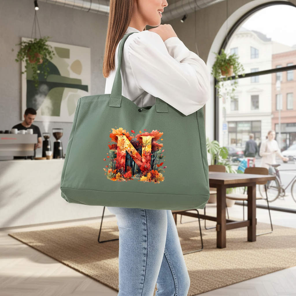Autumn Leaf Monogram N Green Bag with 3 Velcro Fasteners