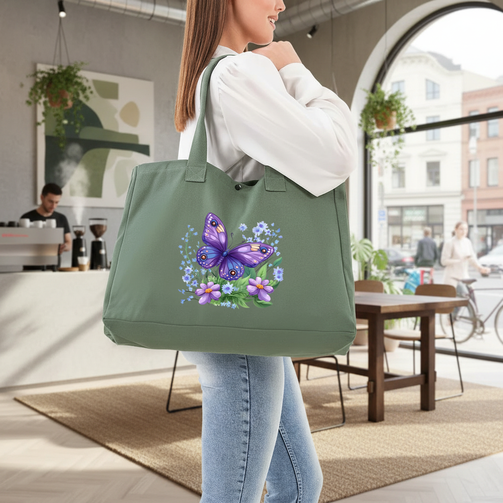 Mor Kelebek ve Mavi Kır Çiçekleri 3 Cırtlı Yeşil Çanta
