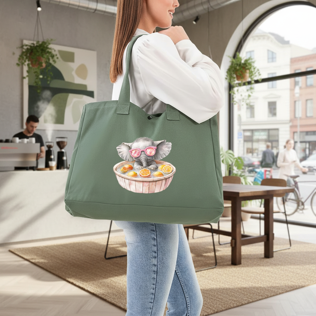 Pembe Gözlüklü Bebek Fil ve Narenciye Banyosu 3 Cırtlı Yeşil Çanta