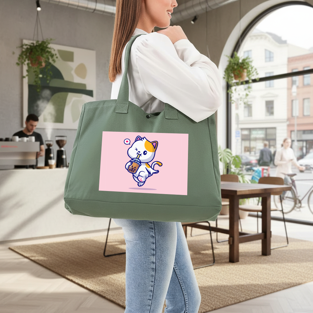Boba Çayı İçen Kawaii Kedi 3 Cırtlı Yeşil Çanta