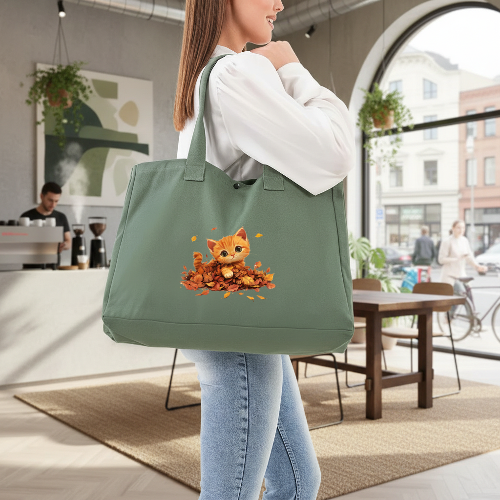 Ginger Kitten in Autumn Leaves Green Bag with 3 Velcro Fasteners
